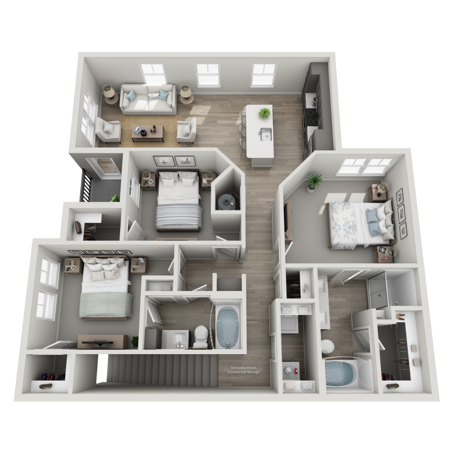 Rendering of the C1-U floor plan with 3 bedroom[s] and 2 bathroom[s] at Milo (Garden)